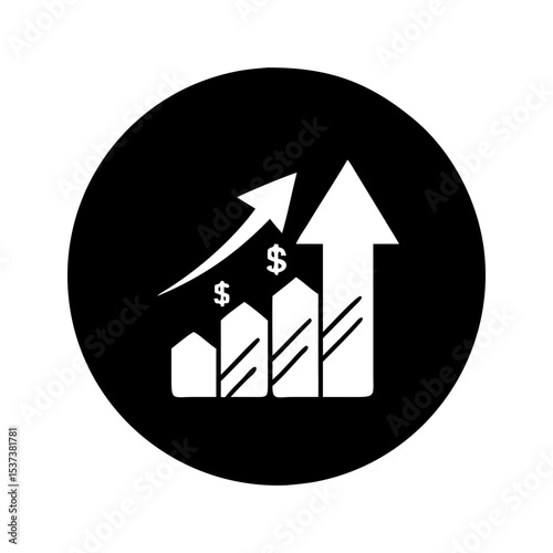 Financial growth chart and arrow indicating ascending income and revenues silhouette vector