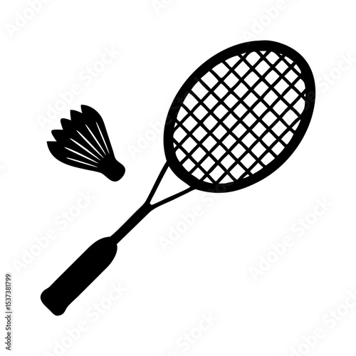 Black and white vector illustration of a badminton racket and shuttlecock silhouette vector