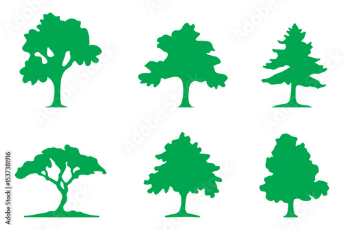 various deciduous trees silhouettes on the white background. vector set. PNG white background