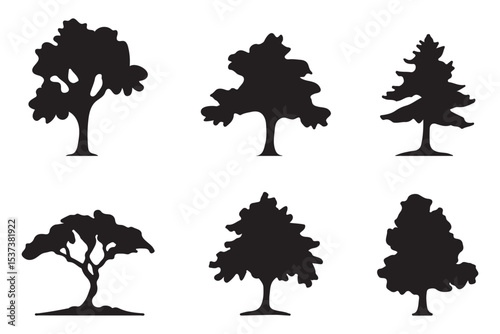 various deciduous trees silhouettes on the white background. vector set. PNG white background