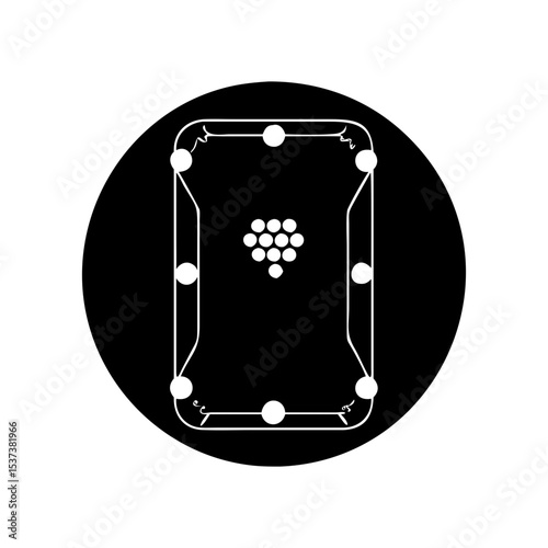 Monochromatic vector drawing of a pool table with racked balls and pockets silhouette vector