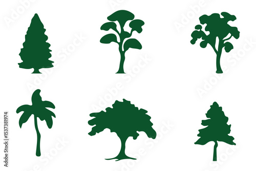 various deciduous trees silhouettes on the white background. vector set. PNG white background