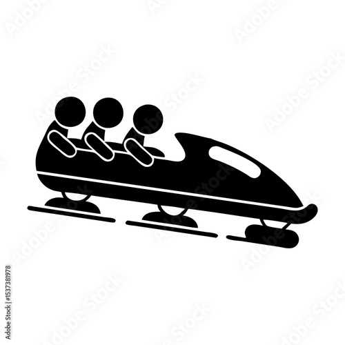 Black and white illustration of a bobsled team racing downhill silhouette vector