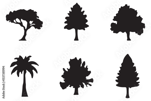 various deciduous trees silhouettes on the white background