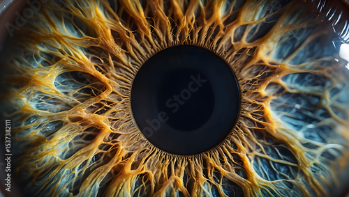 Intricate golden tracery of the human eye, a mesmerizing closeup view photo