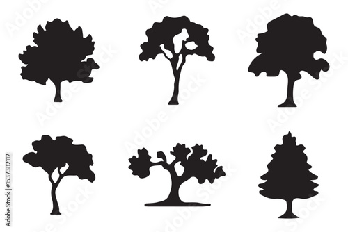Simple black icons of various coniferous and deciduous trees, depicted as elegant silhouettes, make for beautiful decorative plant graphics