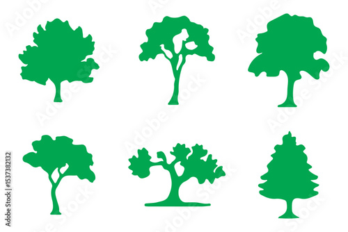 Simple black icons of various coniferous and deciduous trees, depicted as elegant silhouettes, make for beautiful decorative plant graphics