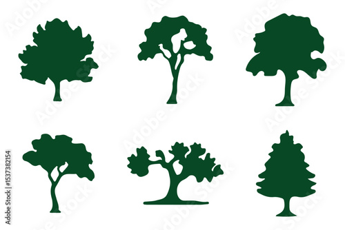 Simple black icons of various coniferous and deciduous trees, depicted as elegant silhouettes, make for beautiful decorative plant graphics