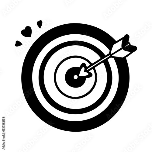 Arrow hitting the bullseye of a target with floating hearts around it silhouette vector