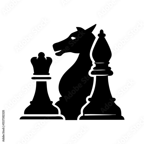 Chess Piece Trio Black and White Knight Queen Bishop Symbolism silhouette vector
