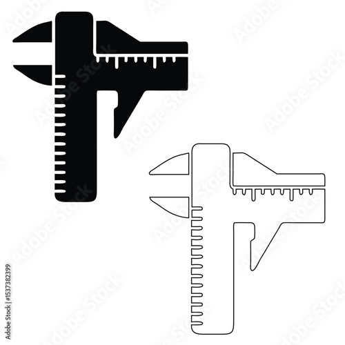 Black and white outline of a caliper tool measuring device in vector art style