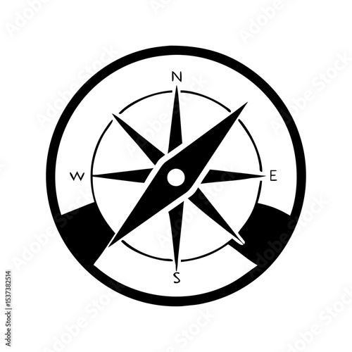 Stylized black compass rose graphic for navigation with cardinal directions around edges silhouette vector