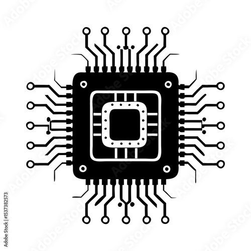 Detailed black and white vector vector of a computer chip or processor silhouette vector