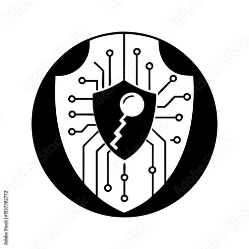 Digital security vulnerability represented by a cracked shield icon over circuit silhouette vector