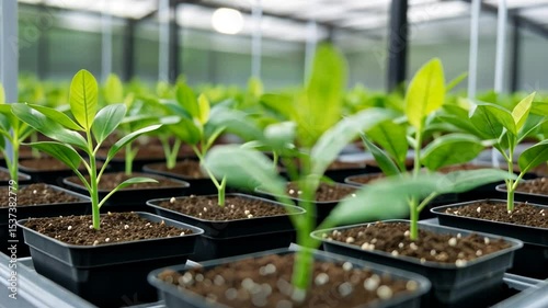 Green seedlings grow in greenhouse square pots under diffused sunlight