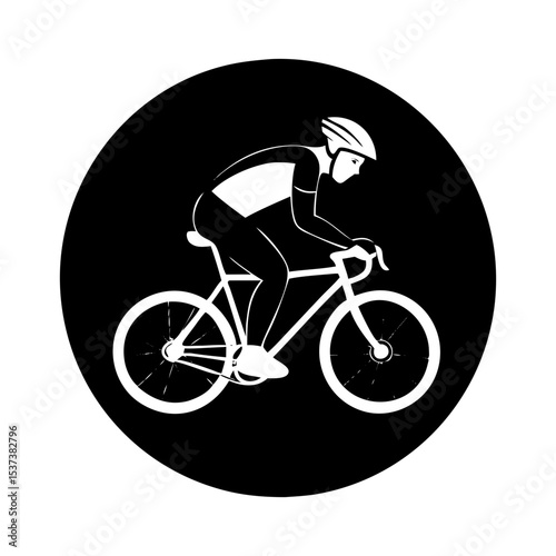 Monochrome icon of a cyclist riding a bicycle within a dark circle silhouette vector