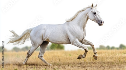 Majestic White Horse Galloping: A Powerful Arabian Runner in Full Motion