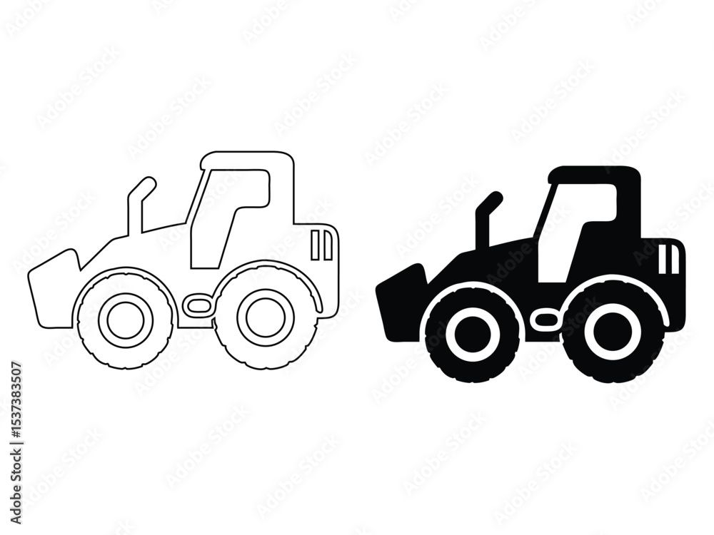 Obraz premium Construction machinery vector illustration featuring a front end loader in black and white outlines