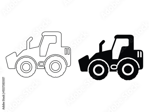 Construction machinery vector illustration featuring a front end loader in black and white outlines