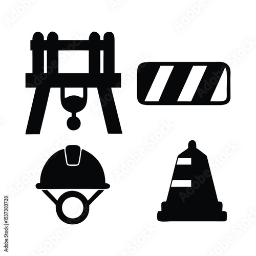 Construction site safety icons depicting a barrier, cone, hard hat, and construction signs.