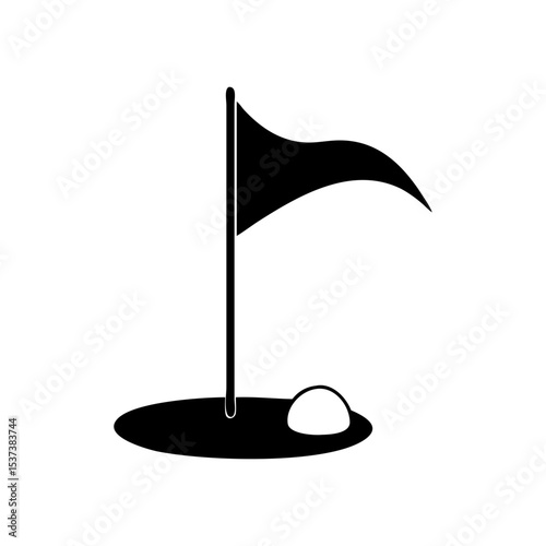Golf flag standing next to the hole with a golf ball nearby silhouette vector