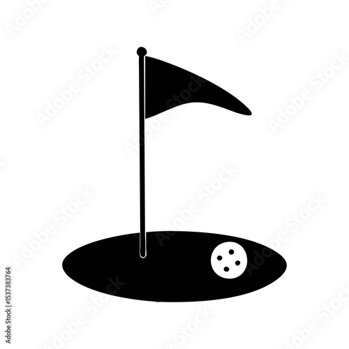 Stylized Black and White Golf Green with Flag and Ball Illustration silhouette vector
