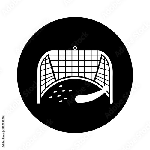 Stylized black and white hockey goal silhouette with puck trails on black circle silhouette vector