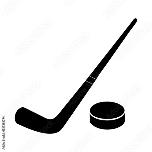 Classic black and white hockey stick and puck on a transparent background silhouette vector
