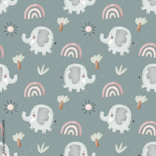 Seamless pattern with elephant, rainbow, decor elements. colorful illustartion for kids. hand drawing, flat style. baby design for fabric, print, textile, wrapper