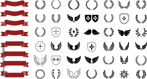 Collection of heraldic elements featuring banners, wreaths, wings, and shields in black and red