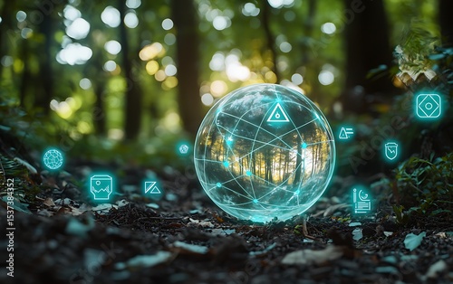 Glowing orb with geometric patterns in a forest setting with floating interface icons around