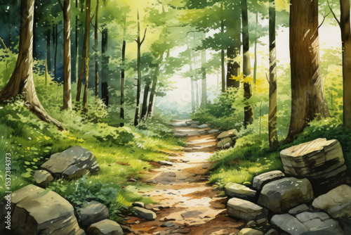 Explore the tranquil beauty of a sunlit forest path surrounded by lush greenery and vibrant wildflowers