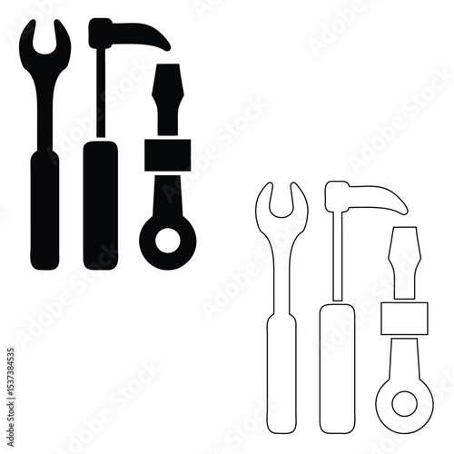 Simple line art of wrenches hammer and screwdriver tools for repair and construction