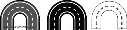 Roads and highways in perspective icon set. Road path with different bends. The road connects the cities road pieces in graphic style. Vector illustration collection isolated on transparent background