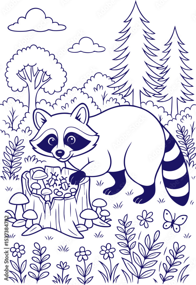 Obraz premium Curious raccoon exploring tree stump in forest line art scene