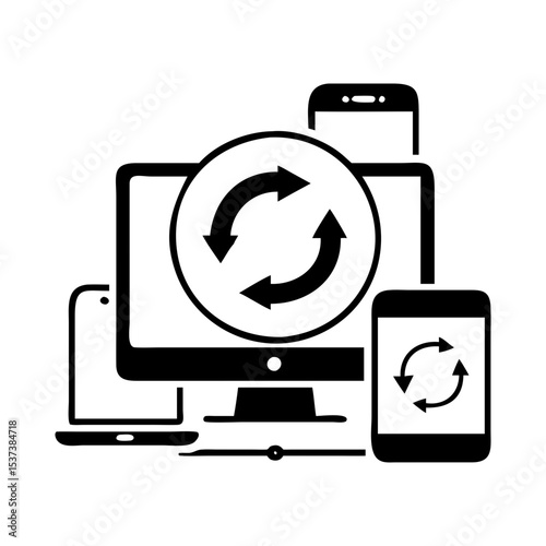 Data synchronization across multiple devices like desktop, laptop, tablet and mobile phone silhouette vector
