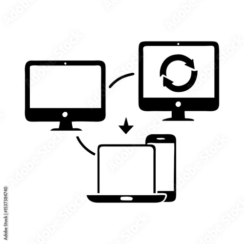 Seamless data transfer between devices like computer, laptop and mobile phone silhouette vector