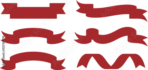 Illustration of six red banner designs with different shapes on a white background
