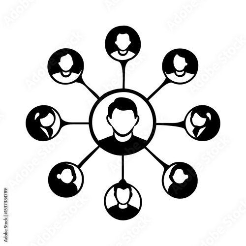 Network connection diagram showcasing a central figure linked to diverse contacts silhouette vector