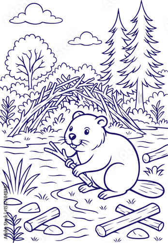 Cute beaver chewing stick near dam in forest line art scene