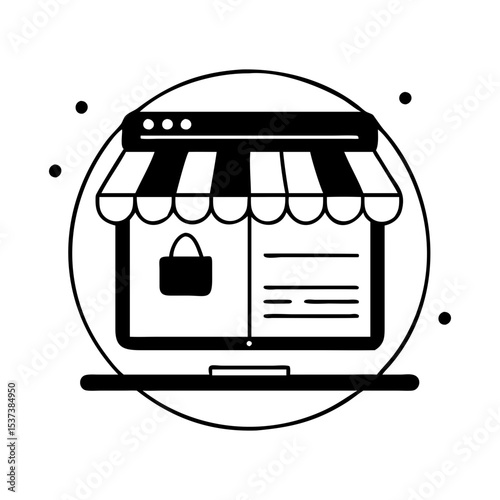 Black and white simple icon of online store on computer screen silhouette vector