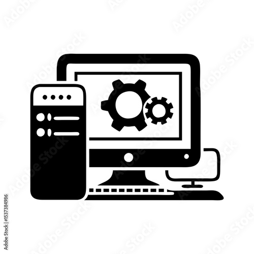 Desktop computer with gears signifying settings and configuration options with a tower silhouette vector