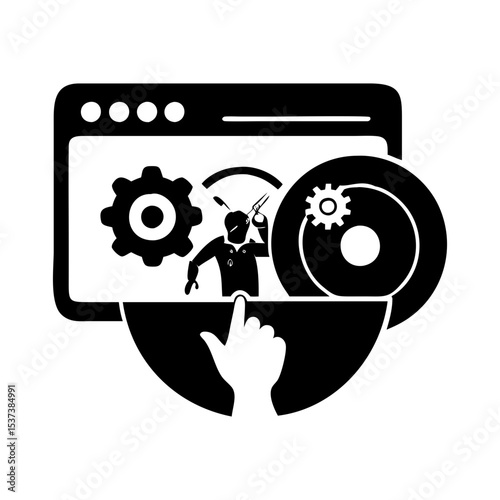Web development process with an engineer adjusting gears and speed displayed online silhouette vector
