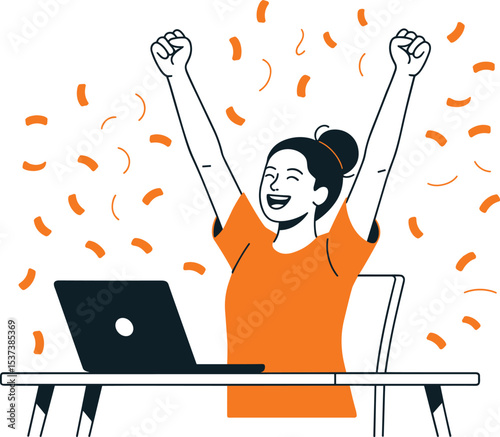Happy woman celebrating success and achievement while working on laptop, expressing joy and excitement, working from home, work success, freelancer motivation, online business, personal achievement,