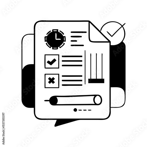 Monochrome illustration representing a completed task, a report, or project documentation silhouette vector