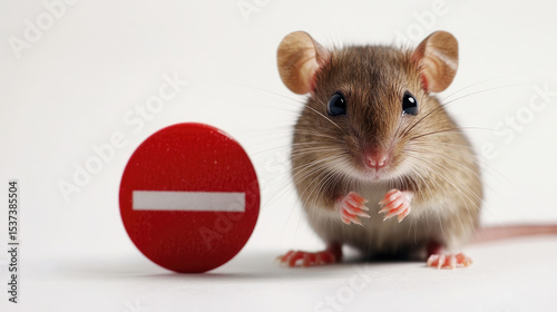 Little rat with red prohibition sign on white background. Pest control
