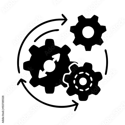 Rotating gears and arrows symbolizing process workflow and business process automation silhouette vector