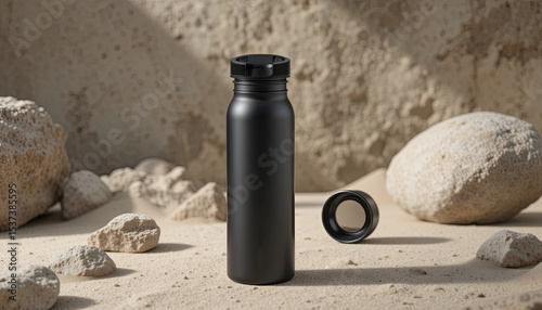 A sleek black water bottle stands upright on soft sand, surrounded by various stones. Its minimalist design contrasts with the natural elements, emphasizing simplicity and functionality