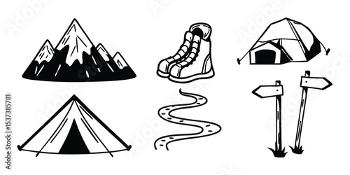 spring mountain travel icon set