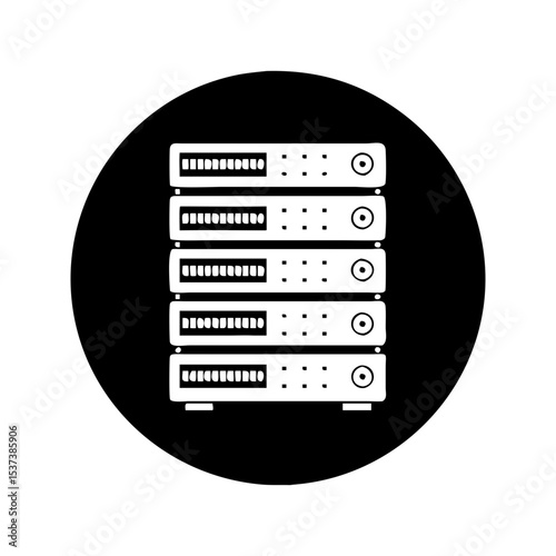 Illustration of stacked network servers in a solid black circle graphic silhouette vector